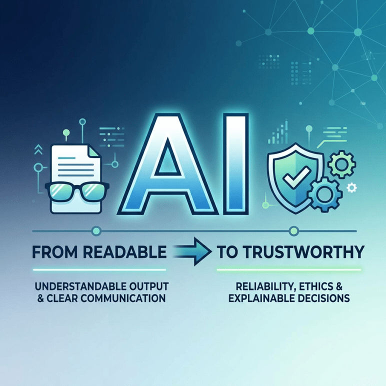 AI text with icons showing readable document to trustworthy shield and gears transition